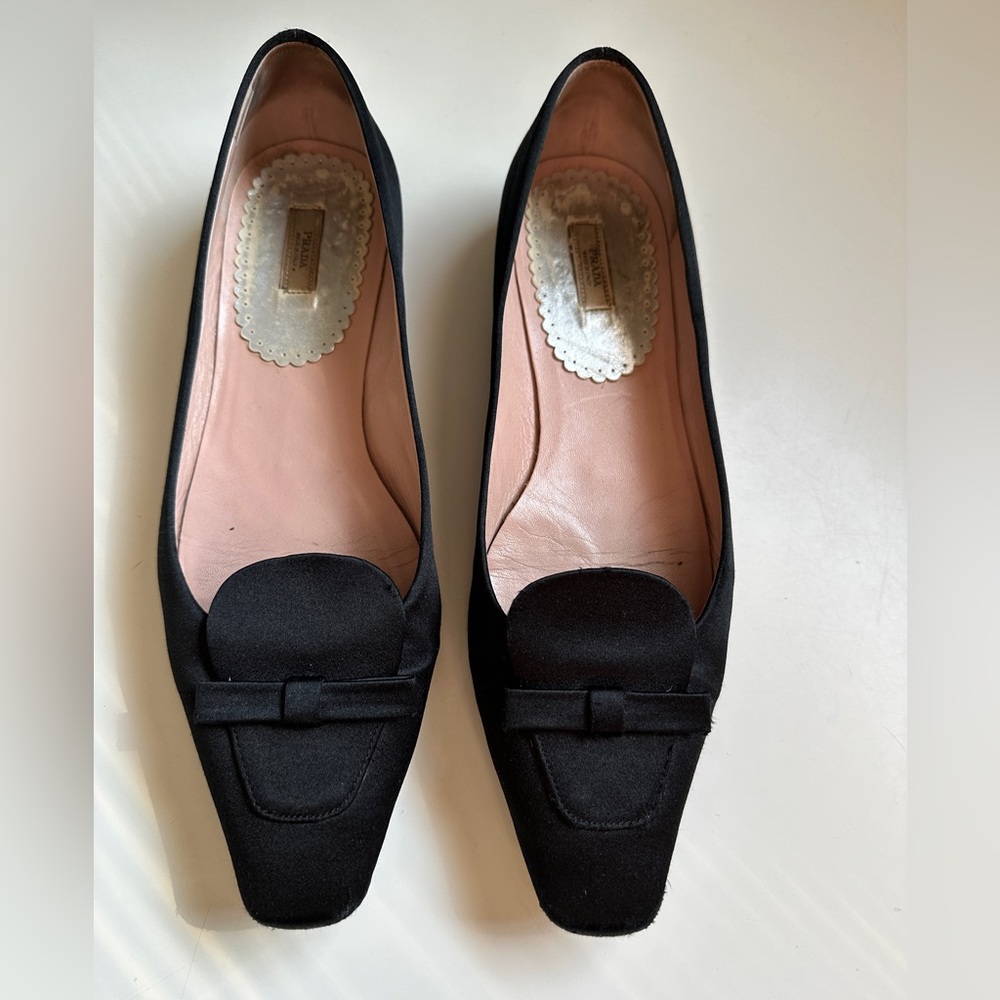 Prada Black Satin Bow Square Toe flats